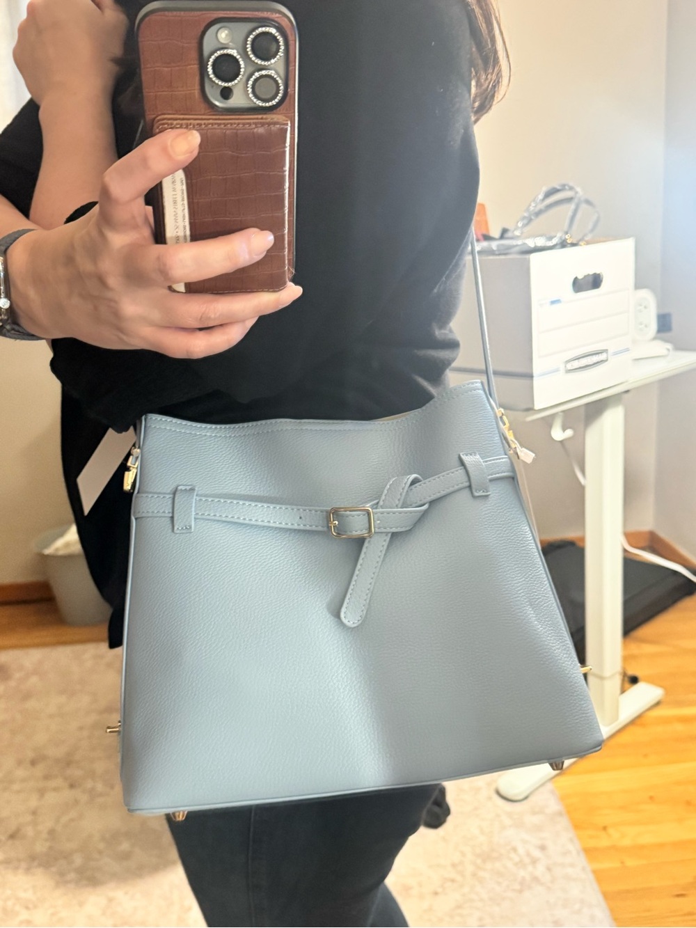 Ello Ice Blue Vegan Leather Bucket Shoulder Bag w/ Belt Detail & Pouch - Picture 15 of 17